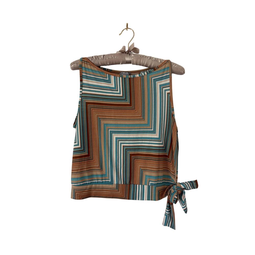 Vintage Rave Geometric Blue and Brown Tank Top with Side Tie Women's XL